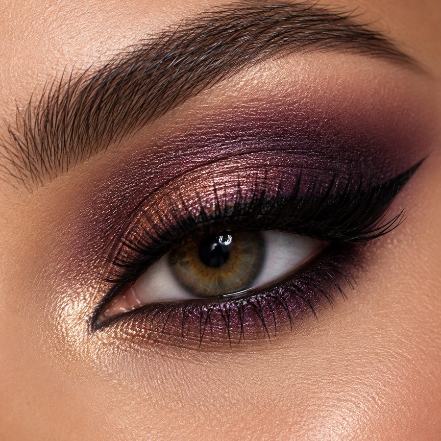 Macro close-up of dramatic eye makeup with detailed shadow and liner