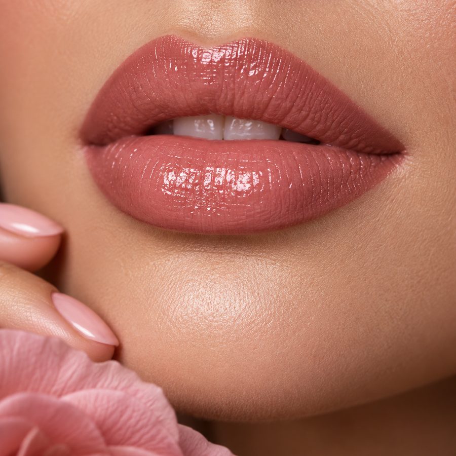 Macro close-up of soft romantic lip makeup with clean liner