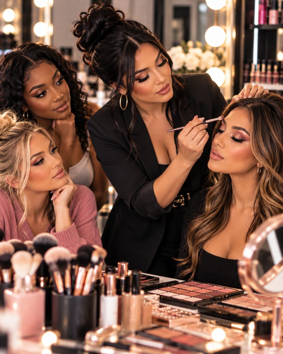 Group makeup lesson in progress, artist demonstrating technique